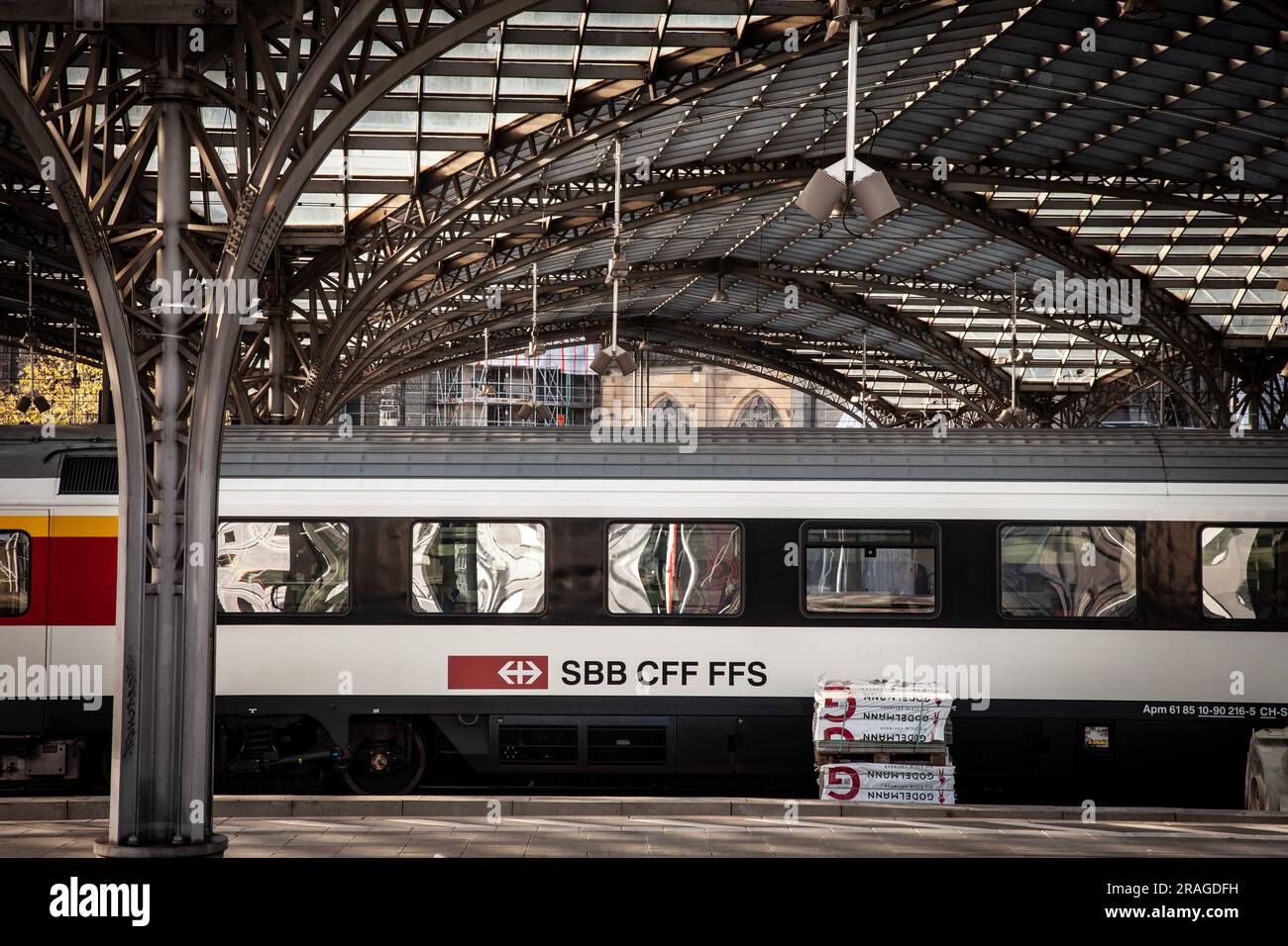 Picture of a train with the logo of SBB CFF FFS in Cologne train station. Swiss Federal Railways, or SBB CFF FFS is the national railway company of Sw Stock Photo