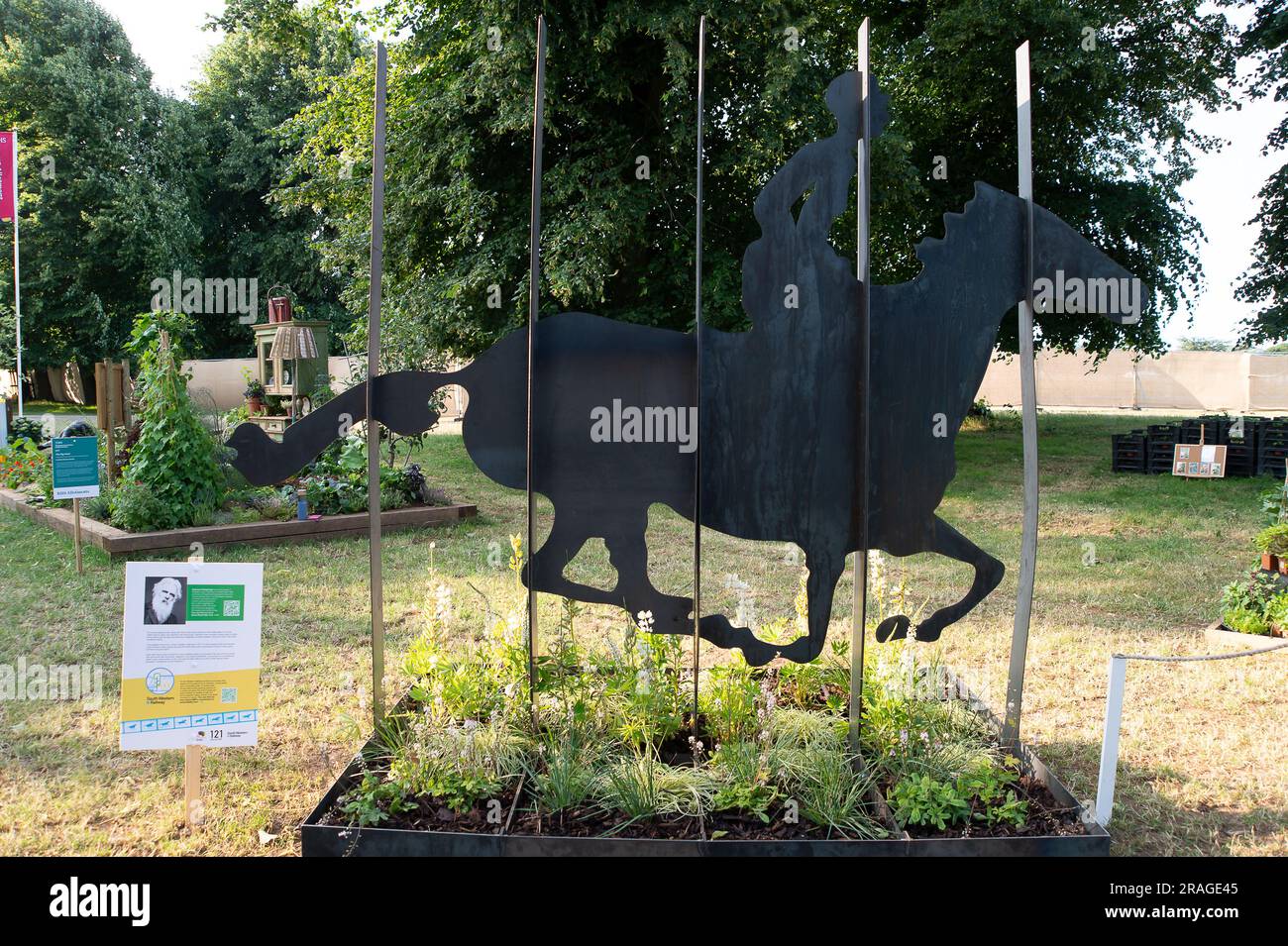 East Molesey, Surrey, UK. 3rd July, 2023. The Horses, Motion & Muybridge Garden at the RHS Hampton Court Palace Garden Festival. The garden is a partnership between The Community Brain, 121 Collective and South Western Railway. Credit: Maureen McLean/Alamy Live News Stock Photo