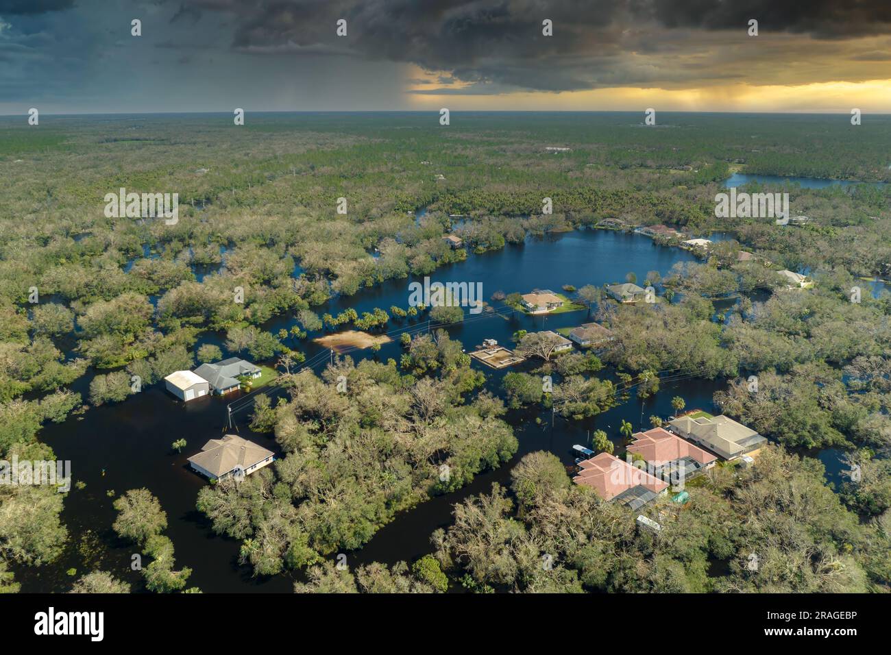 Aftermath of natural disaster. Flooded houses by hurricane Ian rainfall
