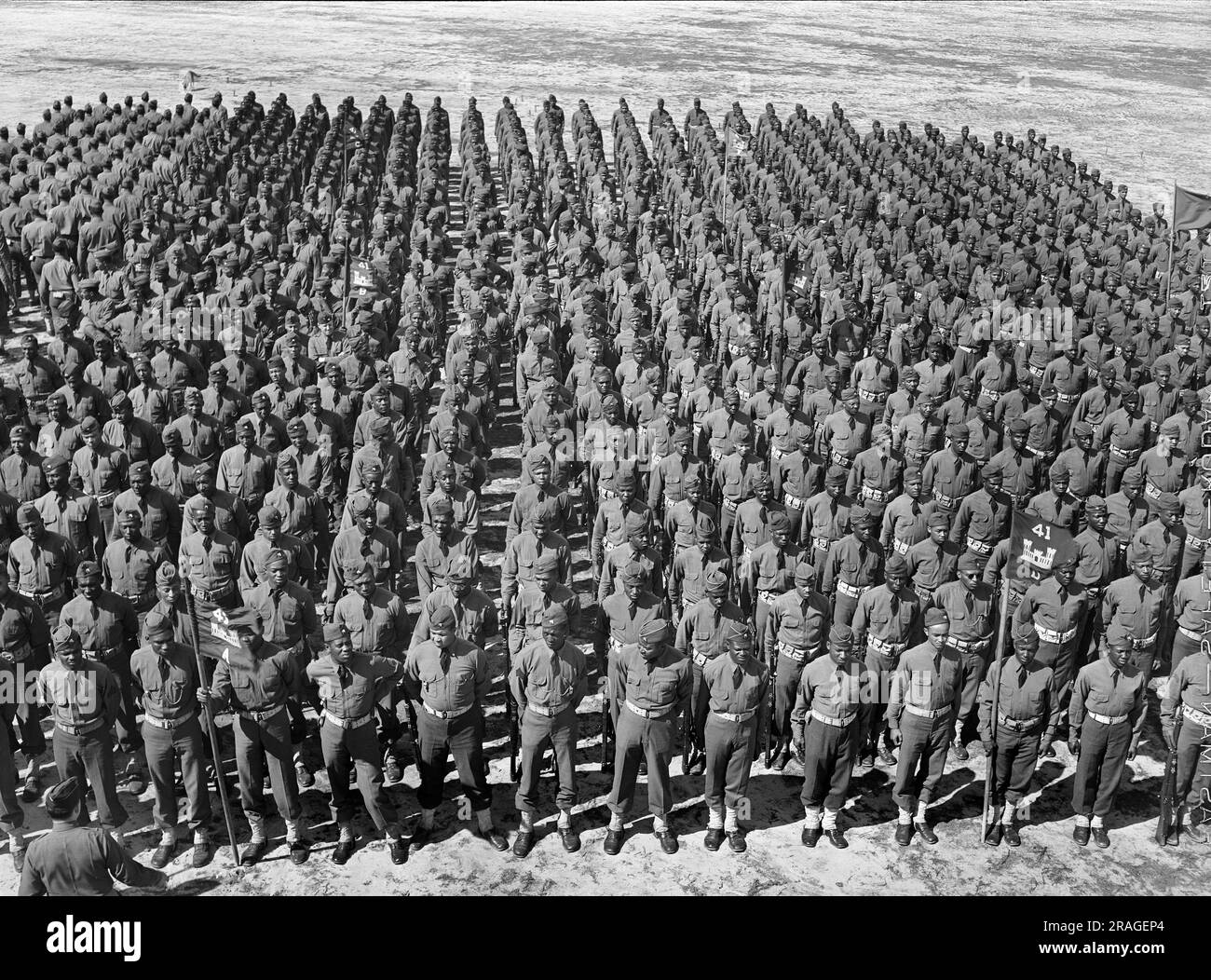 Soldiers of 41st Engineers in formation on Parade Ground, Fort Bragg, North Carolina, USA, Arthur Rothstein, U.S. Office of War Information, March 1942 Stock Photo