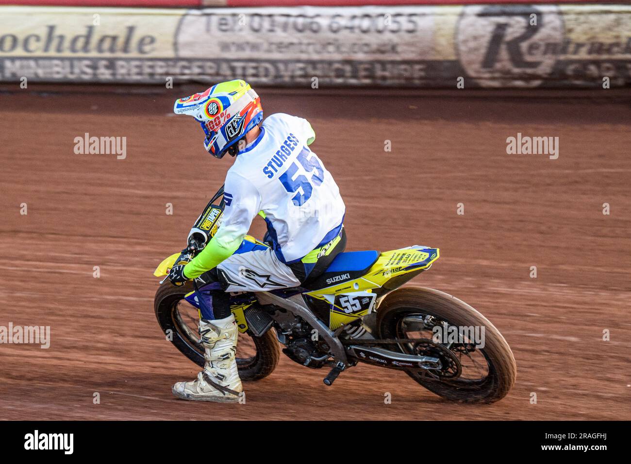 George Sturgess (55) in action during the Flat Track Demonstration Races during the Sports Insure Premiership match between Belle Vue Aces and Wolverhampton Wolves at the National Speedway Stadium, Manchester on Monday 3rd July 2023. (Photo: Ian Charles | MI News Credit: MI News & Sport /Alamy Live News Stock Photo