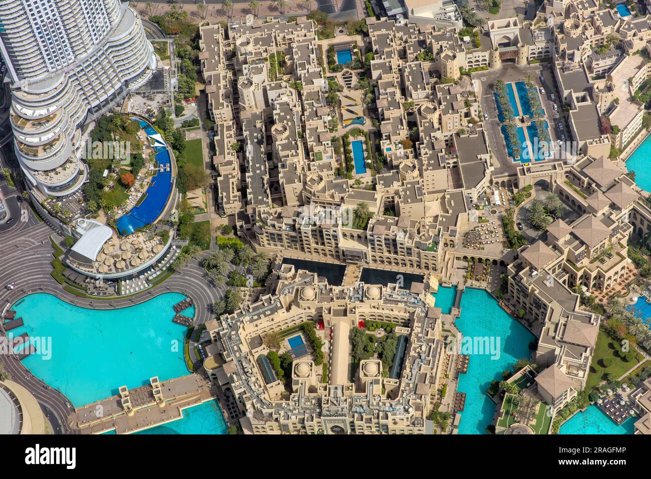 Dubai Fountain and Lake area viewed from Burj Khalifa Building, Dubai, UAE Stock Photo