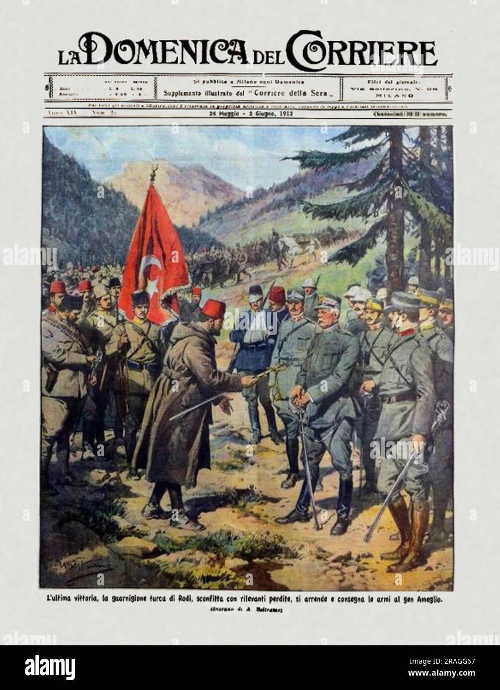 Surrender of the Turkish Garrison in Rhodes near Psithos to the Italian General Giovanni Ameglio on 16 May 1912 1912 by Achille Beltrame Stock Photo