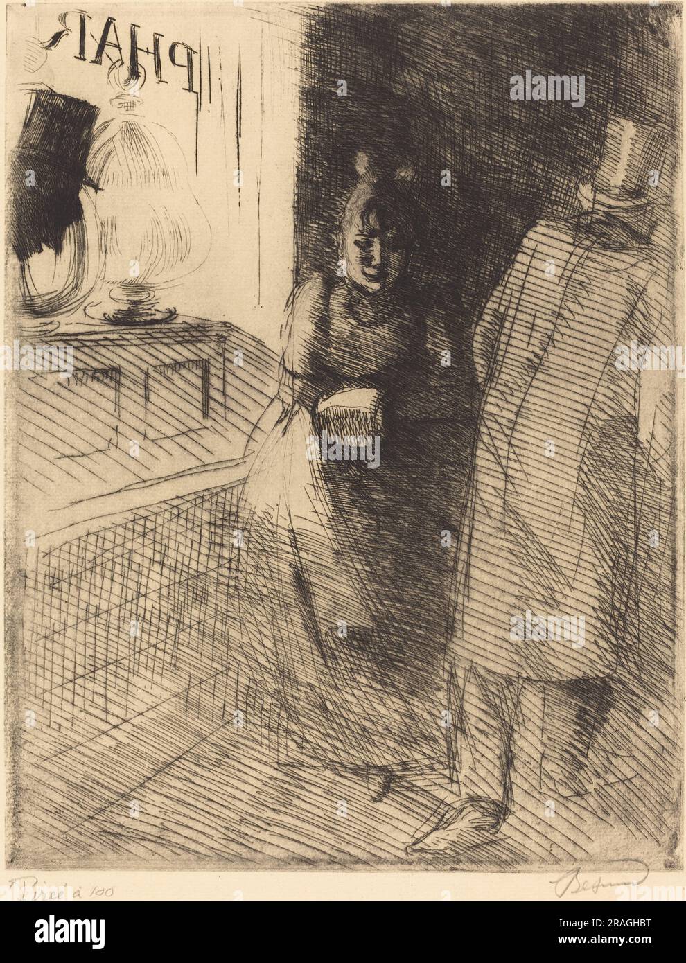 'Albert Besnard, Prostitution (La Prostitution), c. 1886, etching and drypoint on laid paper, plate: 31.6 x 24.6 cm (12 7/16 x 9 11/16 in.) sheet: 50.5 x 32.5 cm (19 7/8 x 12 13/16 in.), Gift of Mr. and Mrs. Daniel Bell, 1996.136.5' Stock Photo