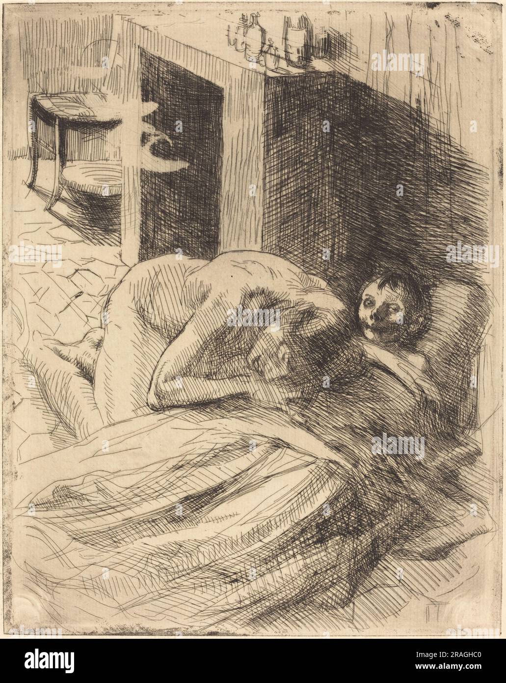 'Albert Besnard, Misery (La Misère), c. 1886, etching on laid paper, plate: 31.1 x 24.5 cm (12 1/4 x 9 5/8 in.) sheet: 44.2 x 31.6 cm (17 3/8 x 12 7/16 in.), Gift of Mr. and Mrs. Daniel Bell, 1996.136.3' Stock Photo
