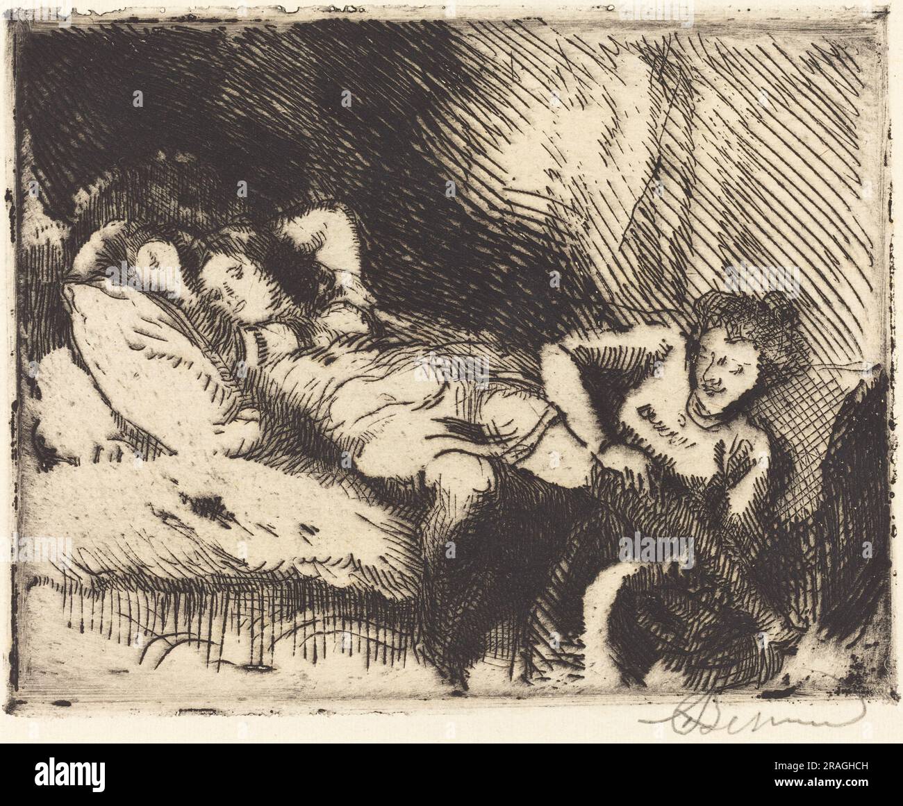 'Albert Besnard, Going to Bed (Le coucher), 1913, etching in black on laid paper, plate: 11 x 13.8 cm (4 5/16 x 5 7/16 in.) sheet: 14.6 x 17.7 cm (5 3/4 x 6 15/16 in.), Gift of Mr. and Mrs. Daniel Bell, in Honor of the 50th Anniversary of the National Gallery of Art, 1990.95.30' Stock Photo
