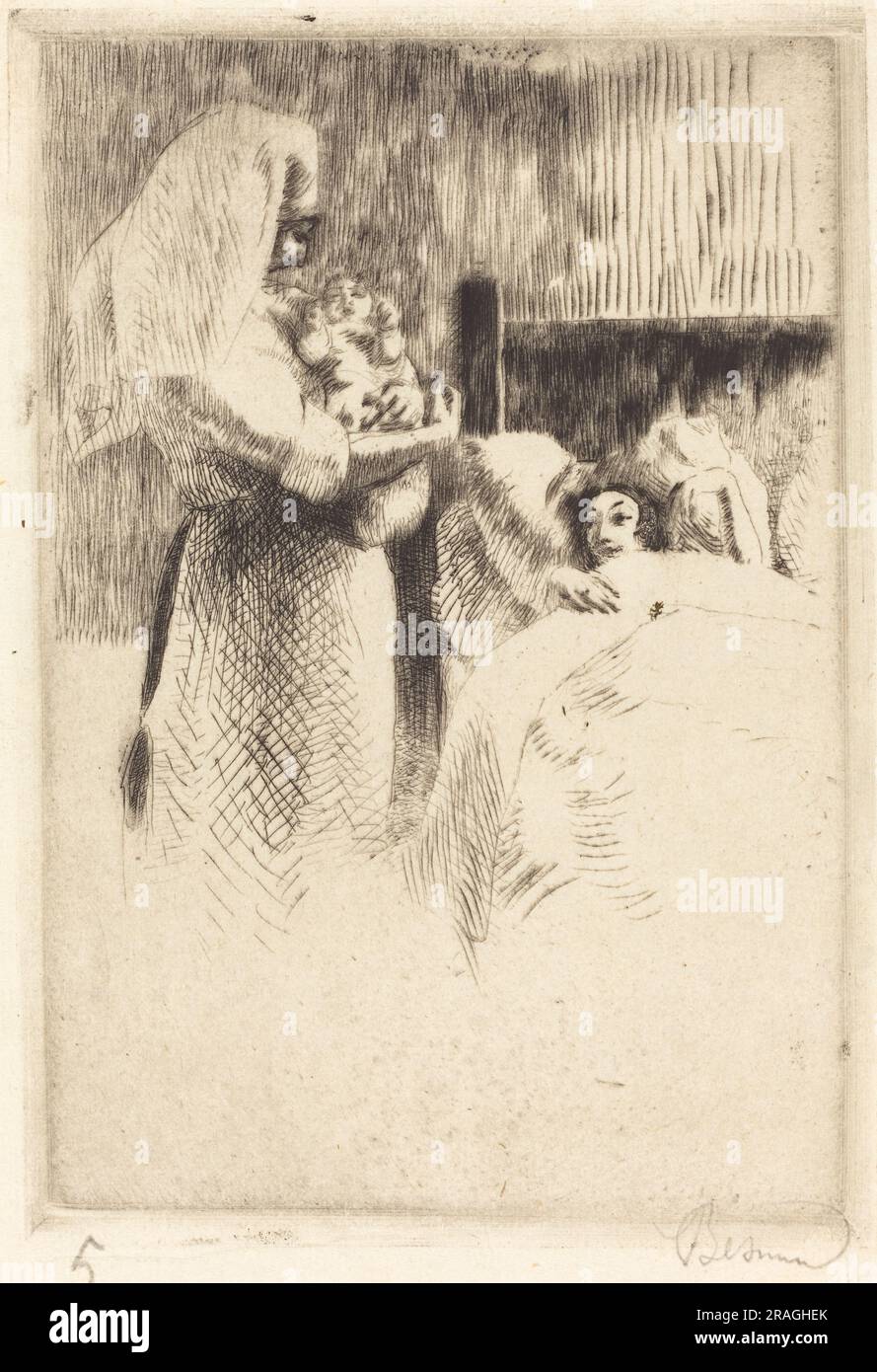 'Albert Besnard, Birth Announcement for Anne-Élisabeth Besnard (Carte de naissance d'Anne-Élisabeth Besnard), 1922, etching and drypoint in black on white laid paper, plate: 17.2 x 11.9 cm (6 3/4 x 4 11/16 in.) sheet: 20.2 x 13.5 cm (7 15/16 x 5 5/16 in.), Gift of Mr. and Mrs. Daniel Bell, 1993.71.20' Stock Photo