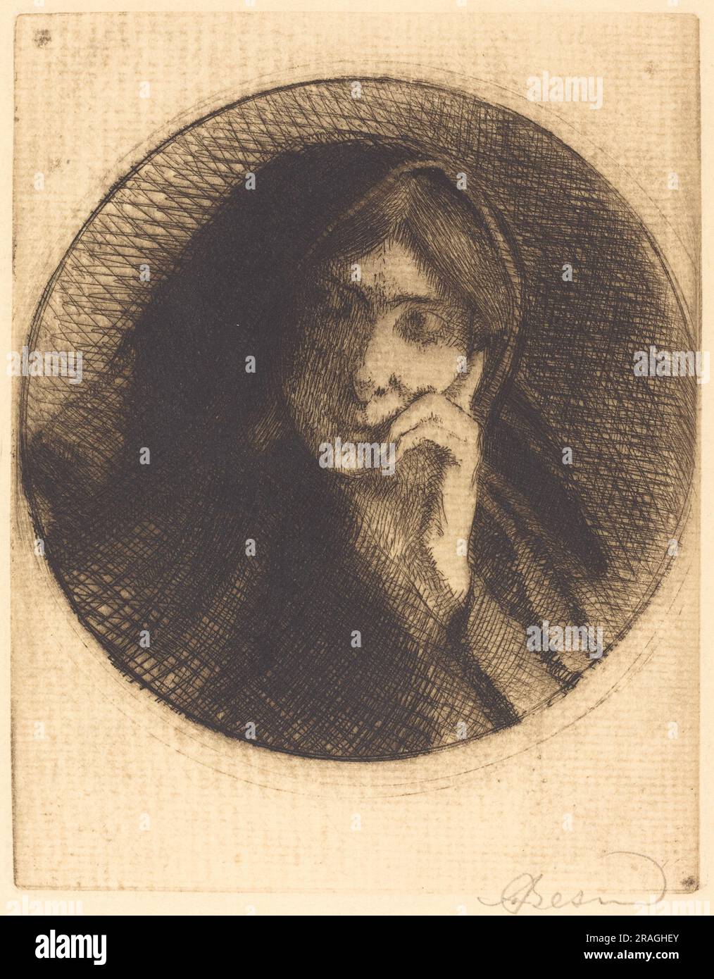 'Albert Besnard, Madame Aman Jean, 1898, etching in brown-black on cream laid paper, plate: 13.9 x 10.9 cm (5 1/2 x 4 5/16 in.) sheet: 17.3 x 14.3 cm (6 13/16 x 5 5/8 in.), Gift of Mr. and Mrs. Daniel Bell, 1994.4.3' Stock Photo