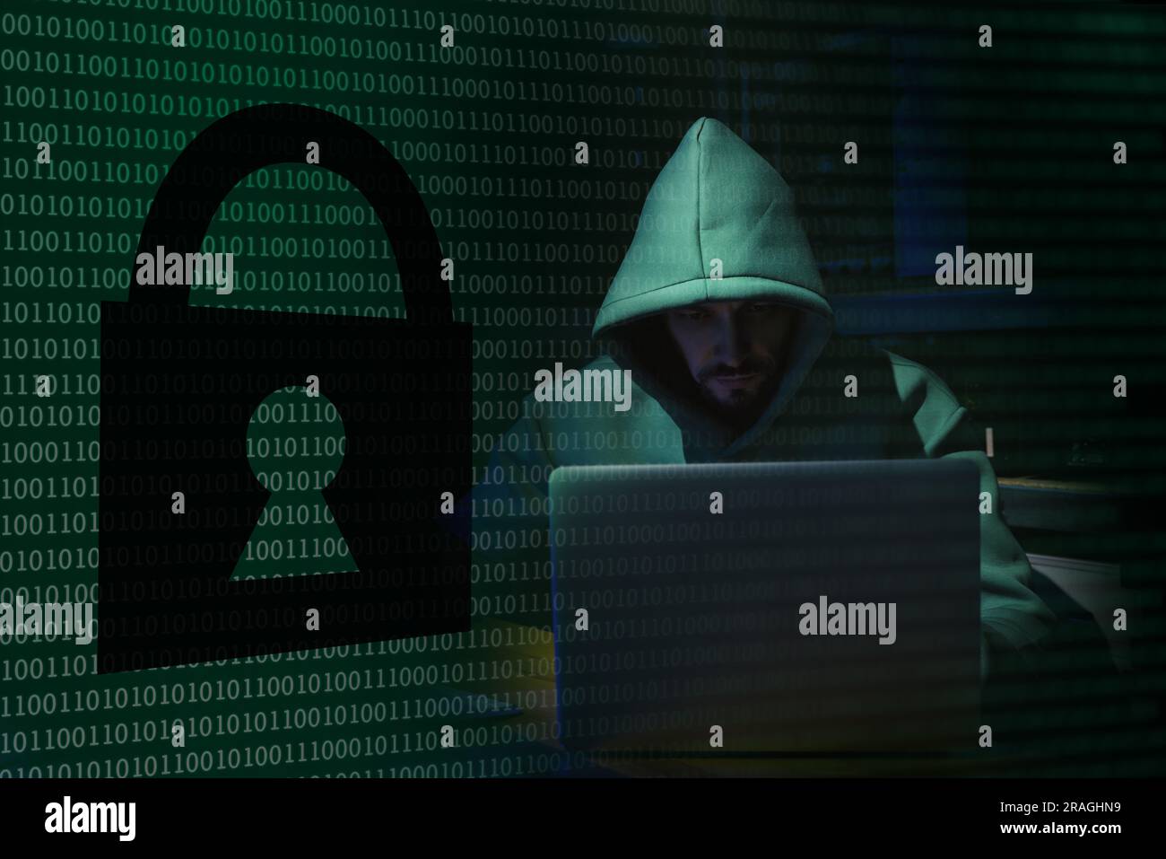 Anonymous Code Example Anonymous man with laptop, binary code and illustration of padlock in ...