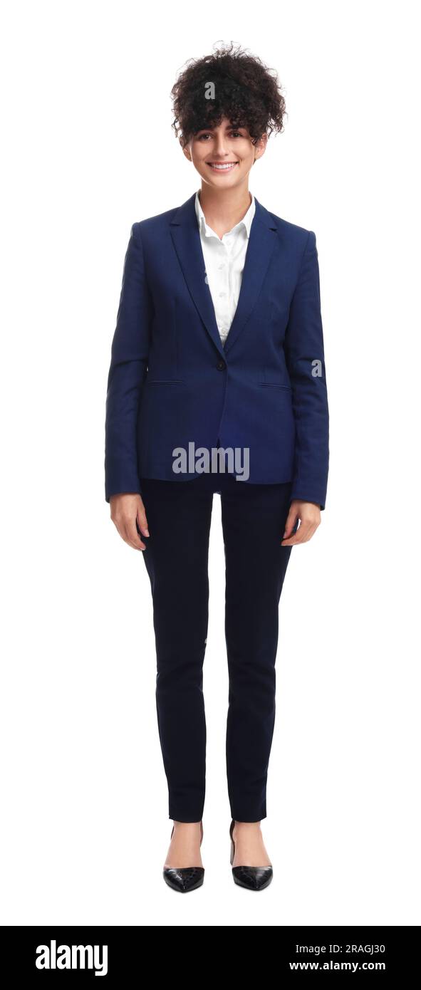 Beautiful young businesswoman in suit on white background Stock Photo ...