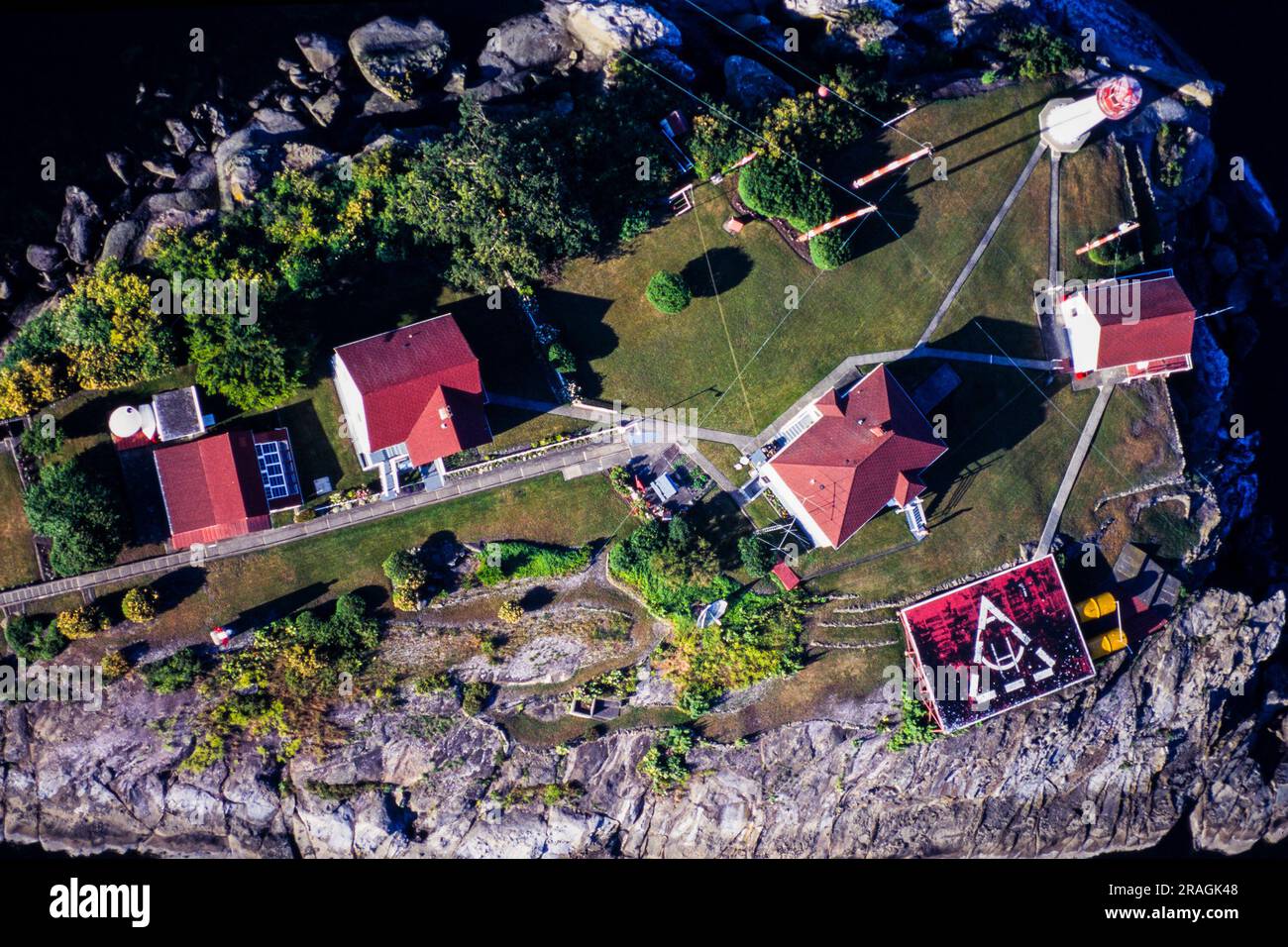 Aerial image of Chrome Island Lighthouse, Vancouver Island, BC, Canada