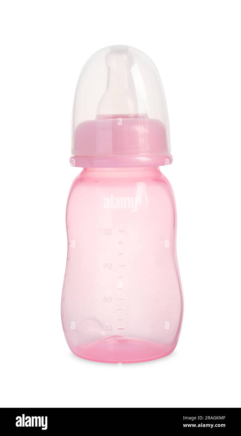 Empty pink feeding bottle for infant formula isolated on white Stock ...