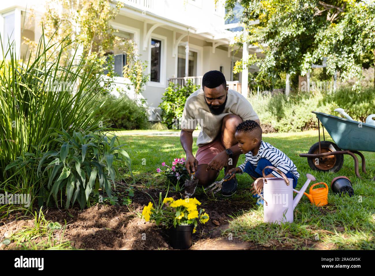 African american father and son digging dirt for planting flowers on field in backyard Stock Photo