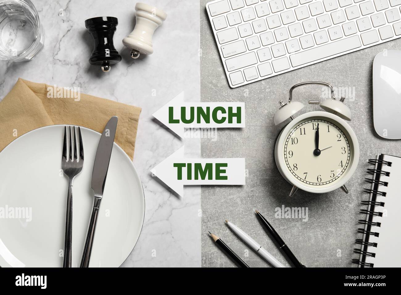 Arrows with words Lunch Time symbolizing changeover from business hours