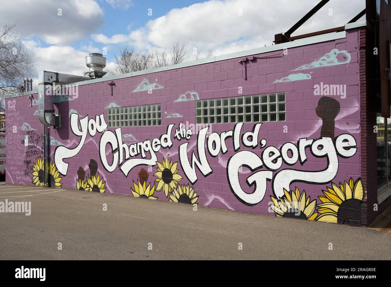 A mural at George Floyd memorial square at the intersection of Chicago Avenue and 38th Street, Saturday, April 2, 2022, in Minneapolis. Stock Photo