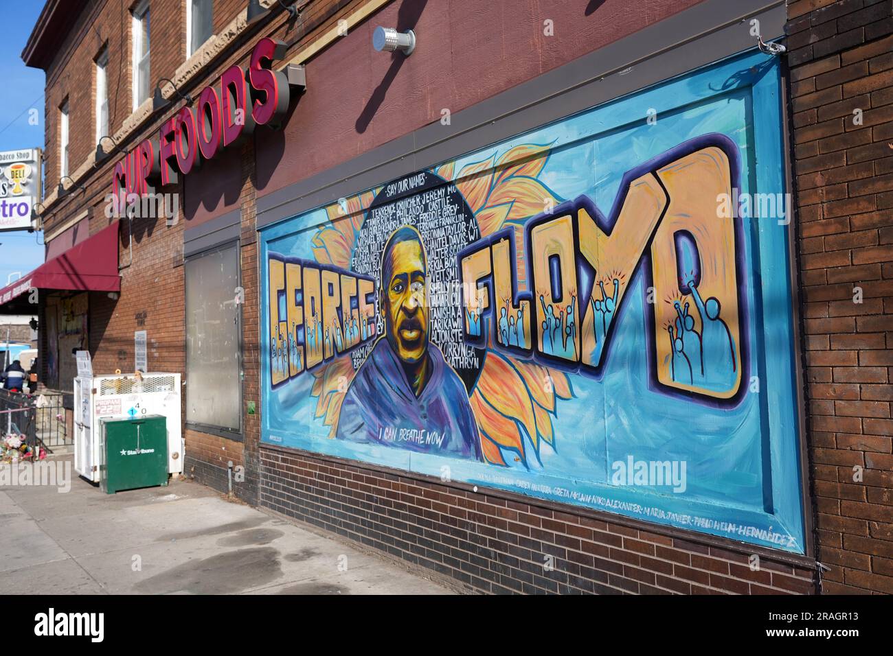 A mural of George Floyd at Cup Foods at the intersection of Chicago Avenue and 38th Street, Friday, April 1, 2022, in Minneapolis. Stock Photo