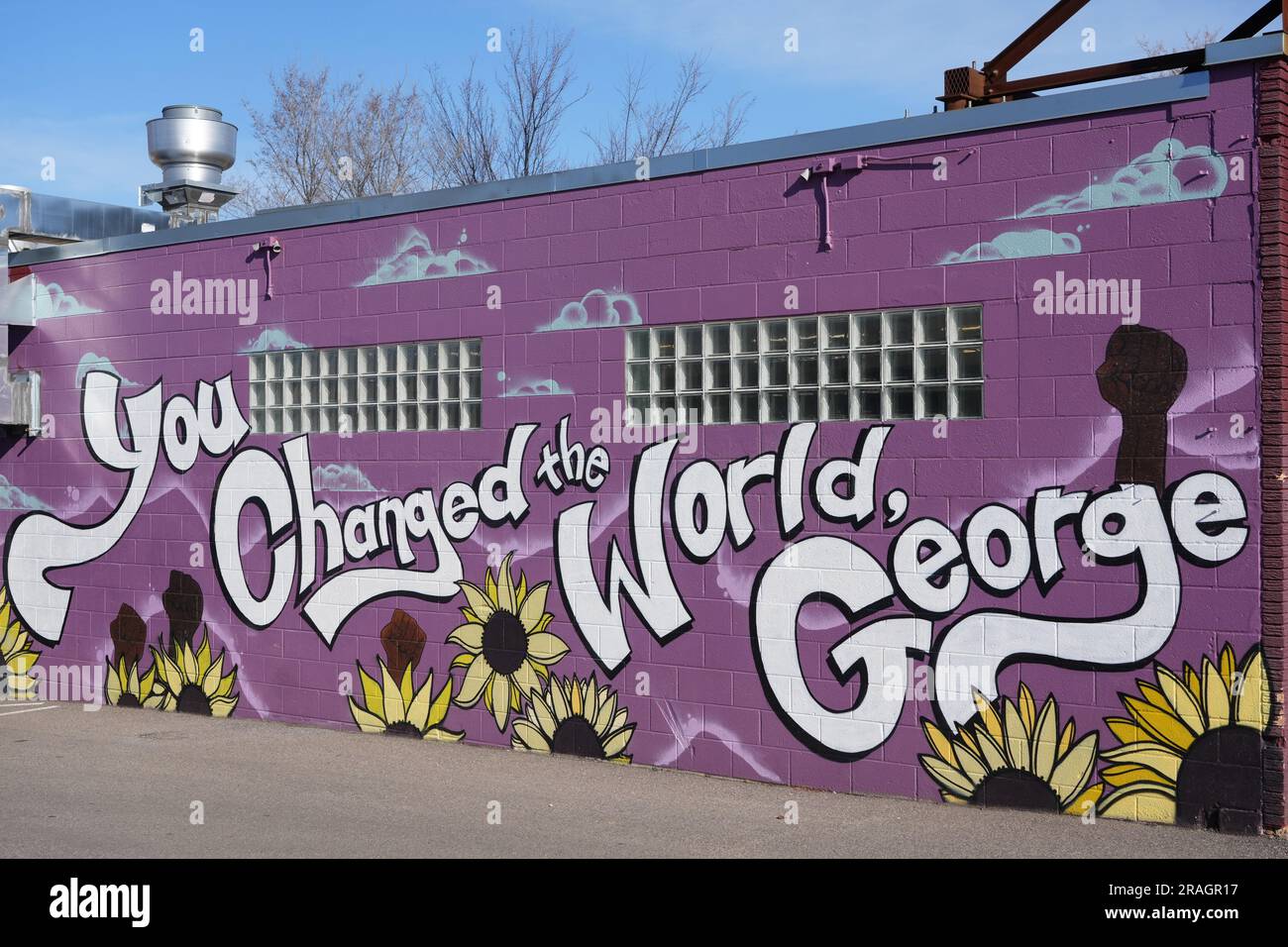 A mural at George Floyd memorial square at the intersection of Chicago Avenue and 38th Street, Friday, April 1, 2022, in Minneapolis. Stock Photo