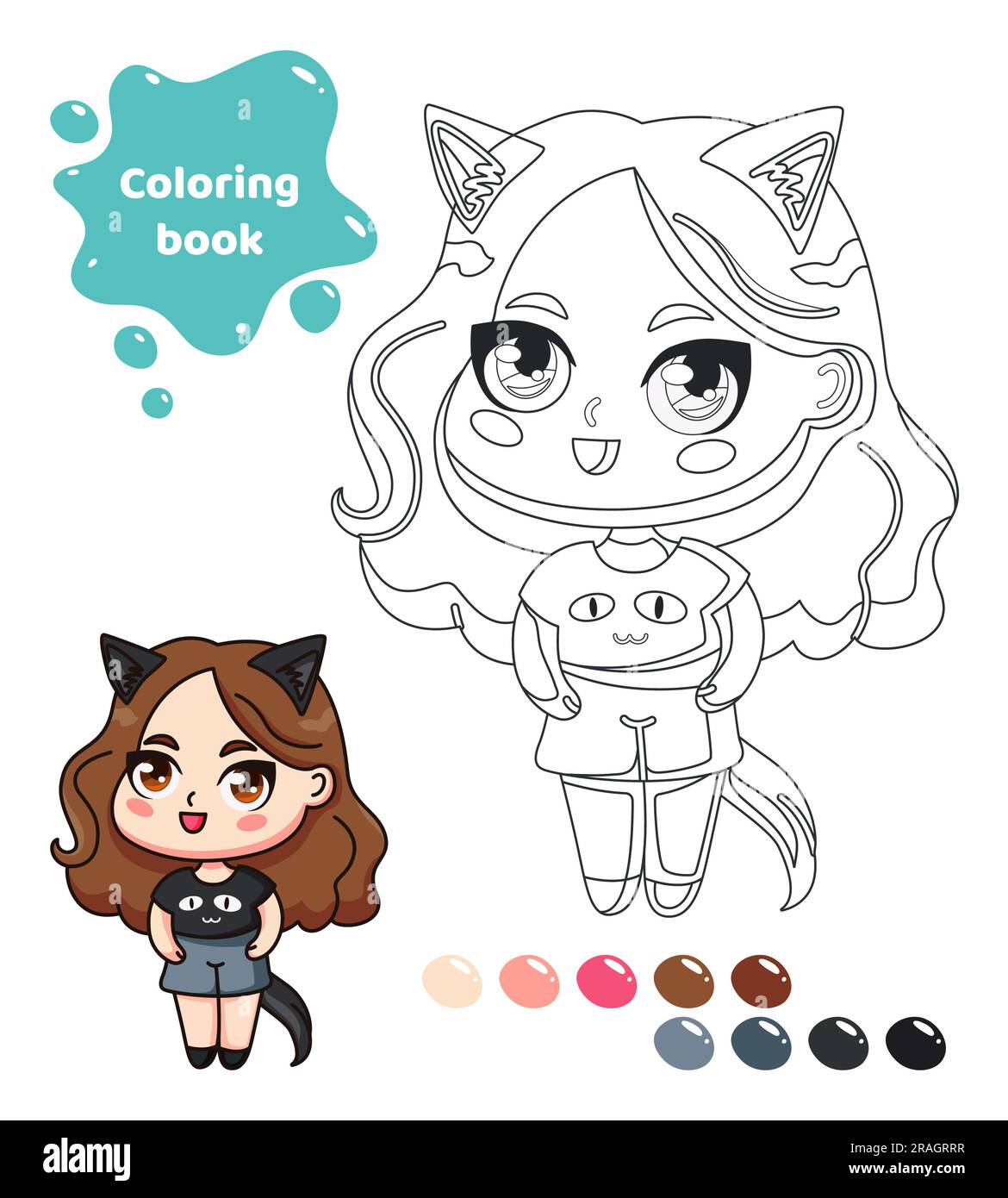 Coloring book for kids. Anime girl with cat ears. Stock Vector