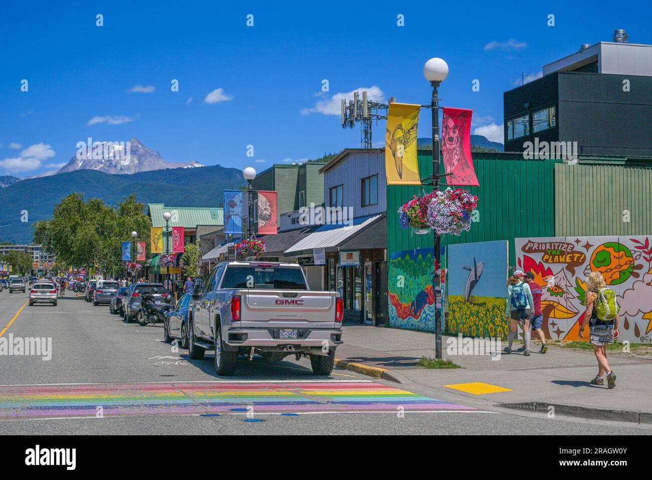 Rainbow crosswalk, Cleveland Avenue, downtown, Squamish, British Columbia, Canada Stock Photo