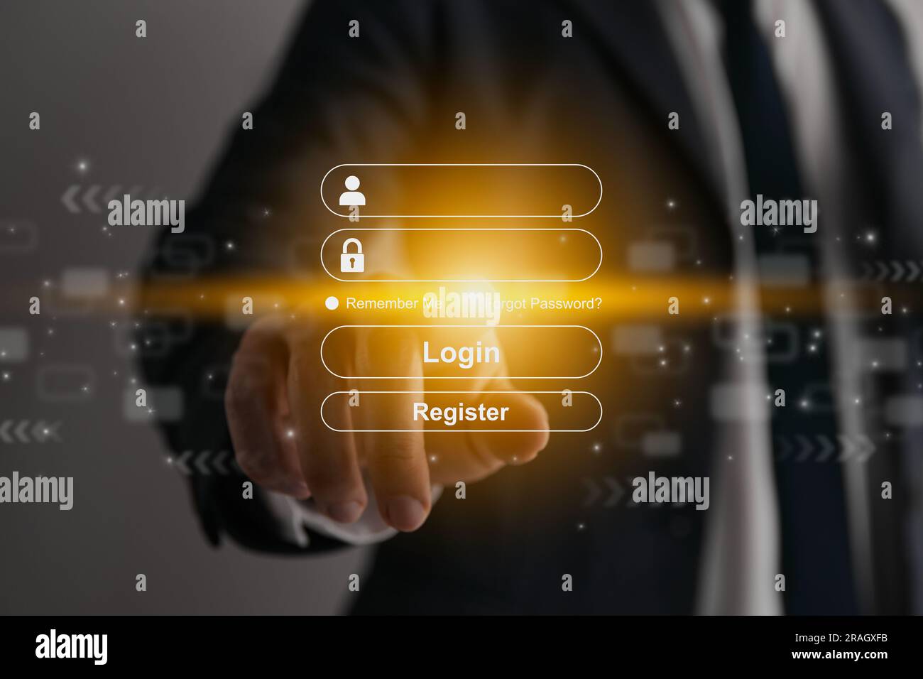 Businessman Hand Touching Username, Password Login and Register Interface. Online Security and Member Privacy Concept Stock Photo