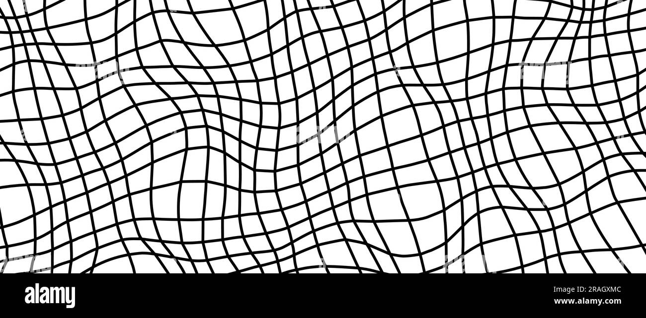 Distorted outline wireframe background. Abstract wavy checkerboard wallpaper. Warped curved grid surface pattern. Black on white geometric texture with optical illusion effect. Vector illustration Stock Vector