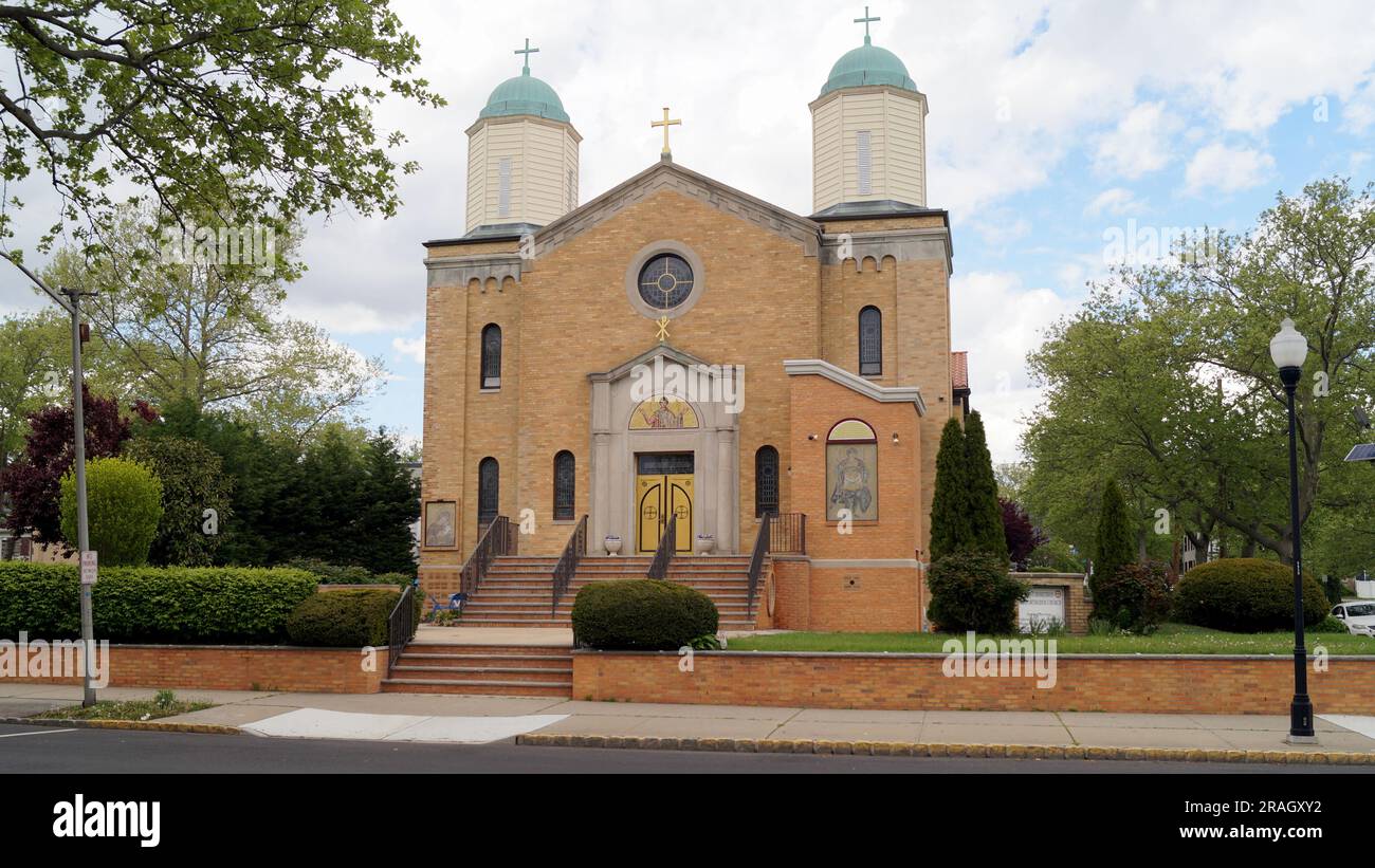 St. Demetrios Greek Orthodox Church, front facade at Sadowski Pkwy, Perth Amboy, NJ, USA Stock Photo