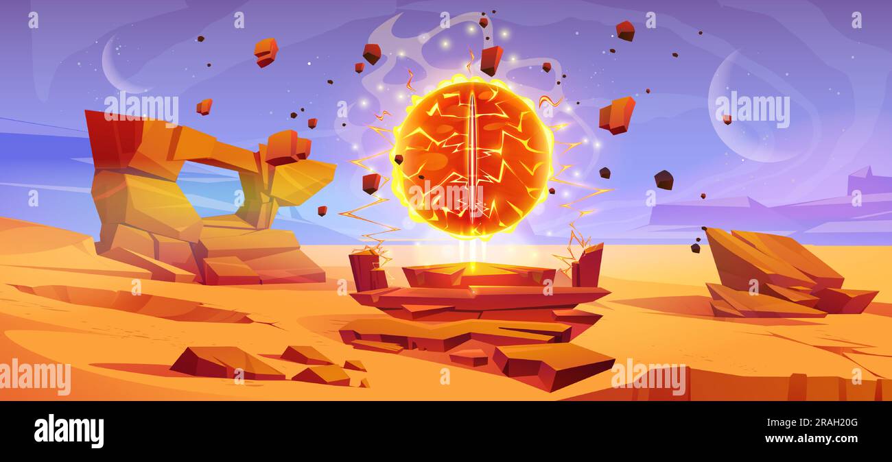 Mars desert planet with portal landscape background in space. Martian ground surface and magic fireball gate. Extraterrestrial fantasy eye entrance to parallel universe world scene for 2d videogame Stock Vector