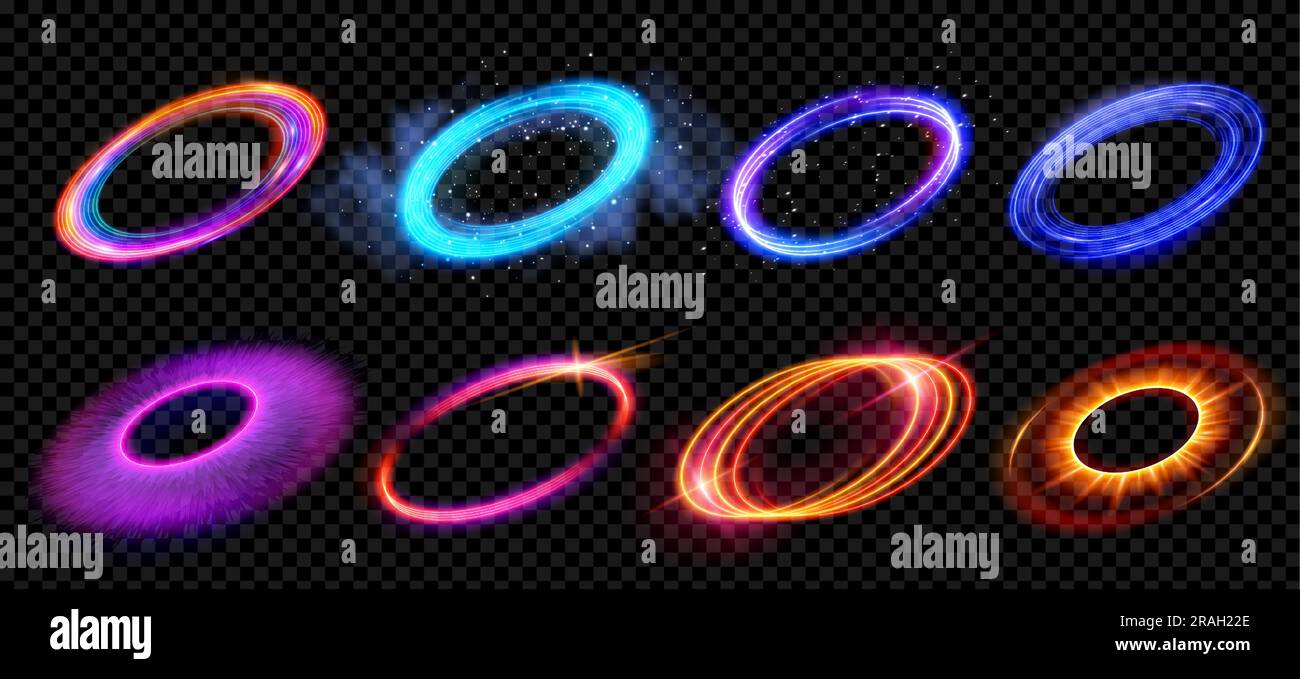 Abstract neon ring halo light vector flare effect isolated on transparent background. Round pink sparkle border illustration. Beautiful purple shine radiant shape line with smoke and flyffy orb. Stock Vector