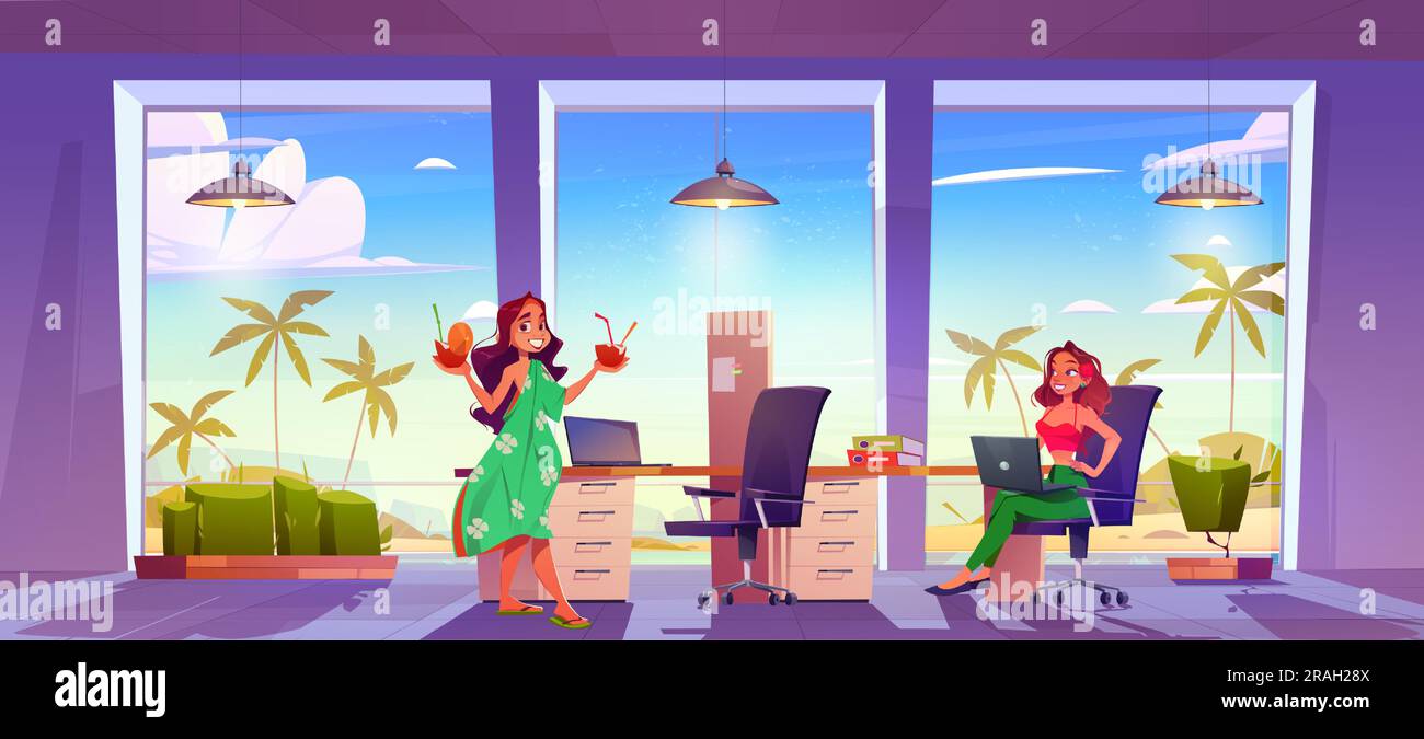 Woman in tropic work office room near sea beach summer vector