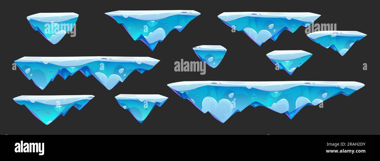 Flying ice jump game island vector illustration. Frozen floating platform landscape for ui arcade 2d videogame isolated texture set. Empty virtual location with snow kit for fantasy world screen Stock Vector