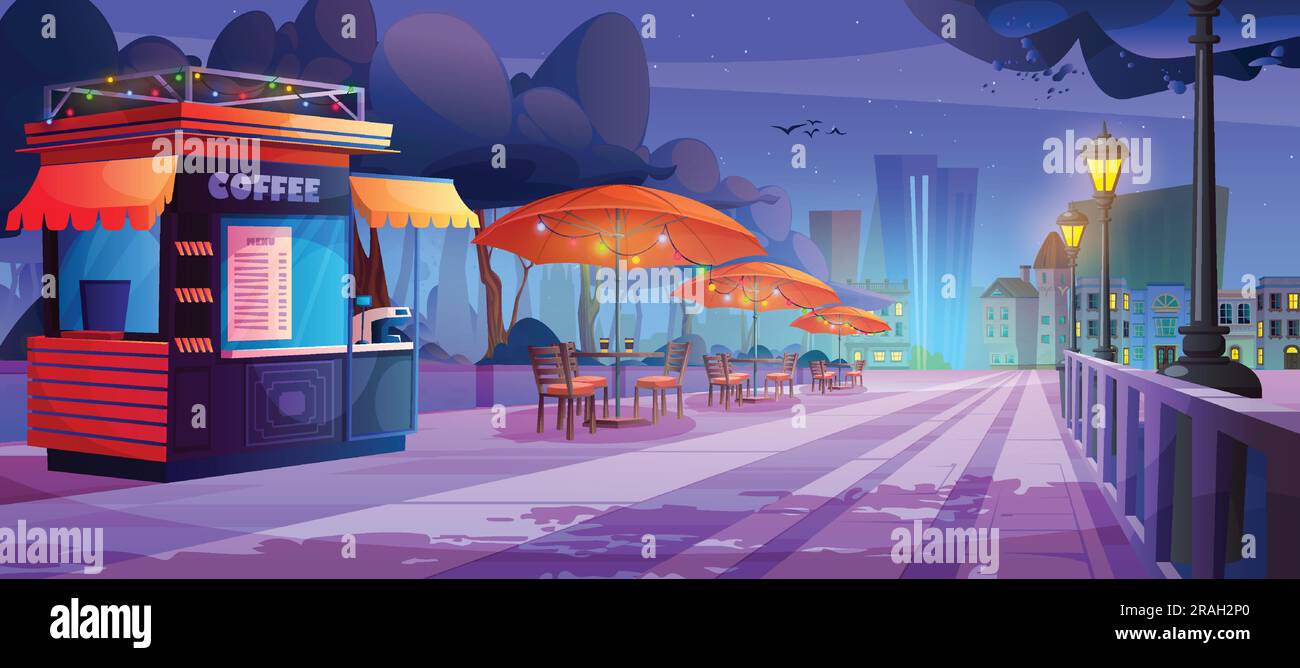 Cafe stall and tables on night park alley. Vector cartoon illustration of urban street coffee shop illuminated with color garlands, paper cups on tables, stars in sky, city buildings on background Stock Vector