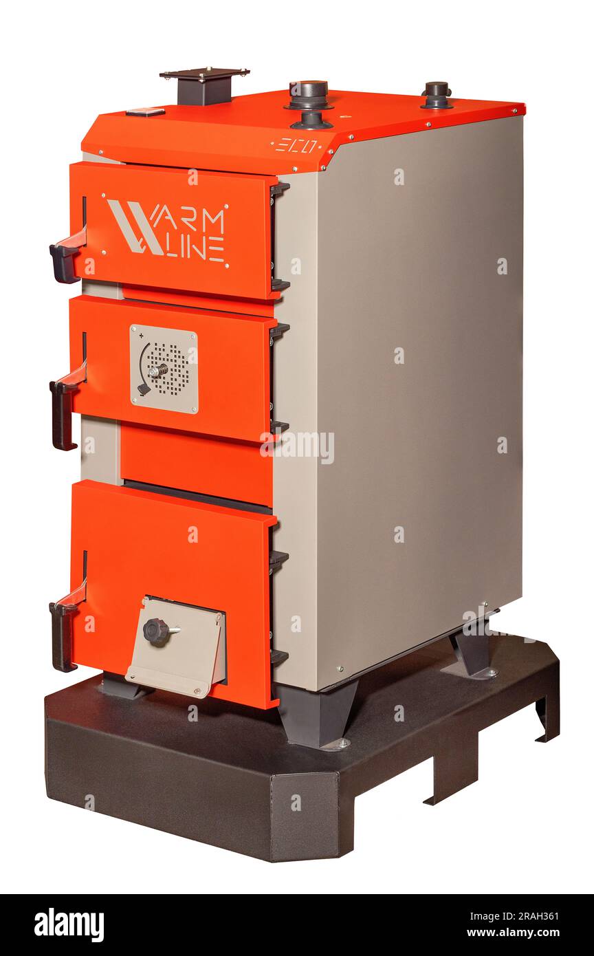 Solid fuel combustion boiler Warm Line Eco which runs on solid fuel. 05.16,2023. Kyiv. Ukraine. Stock Photo