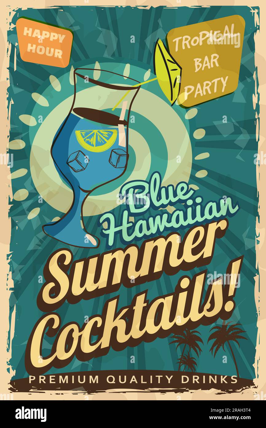 Blue Hawaiian Cocktail Retro poster. Cocktail lounge vintage sign, Stock Vector