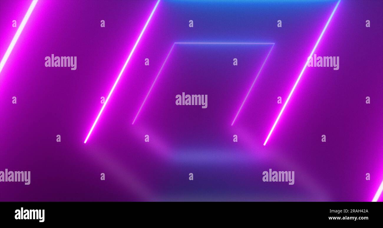 Abstract square tunnel neon blue and purple energy glowing from lines ...