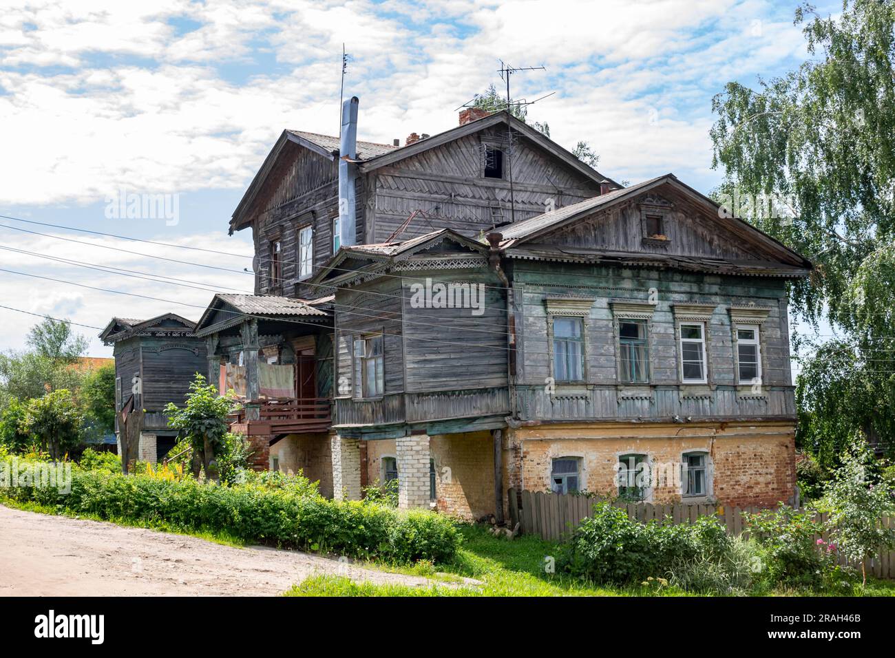 MALOYAROSLAVETS, RUSSIA - JULY 2015: Former mansion of the Nelubovs of the 19th century. Russian wooden architecture Stock Photo