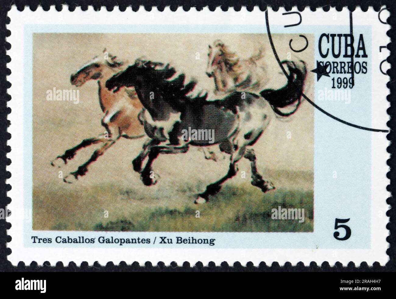 CUBA - CIRCA 1999: a stamp printed in Cuba shows three galloping horses, painting by Xu Beihong, Chinese painter, circa 1999 Stock Photo