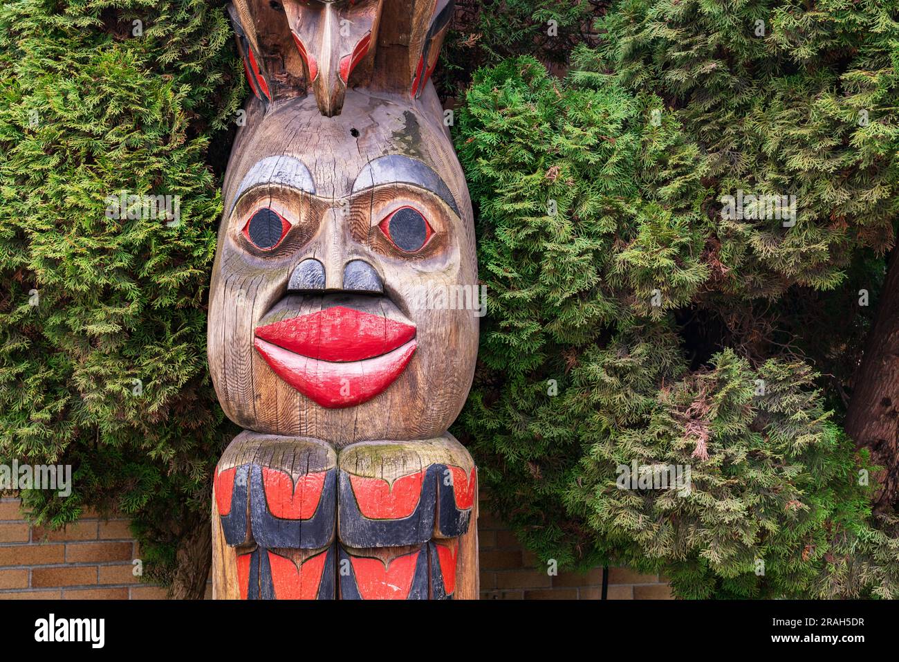 Closeup of a totem pole in Duncan, British columbnia, Canada Stock