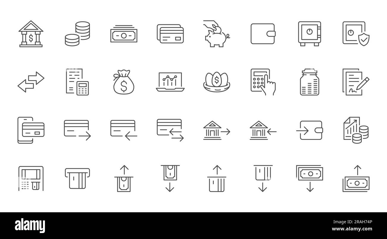 Banking line icons set. Deposit box, money transfer, currency exchange