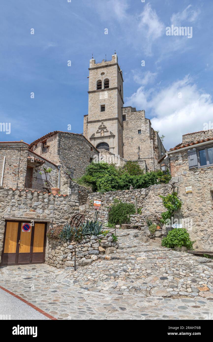 The pretty Eglise Saint-Vincent-d'En-Haut, Eus in the Pyrenees Orientales, France. Stock Photo