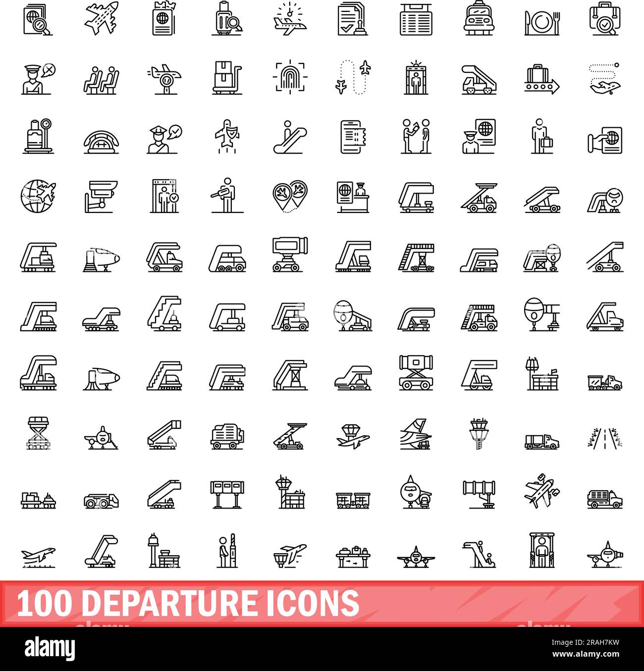 100 departure icons set. Outline illustration of 100 departure icons vector set isolated on white background Stock Vector