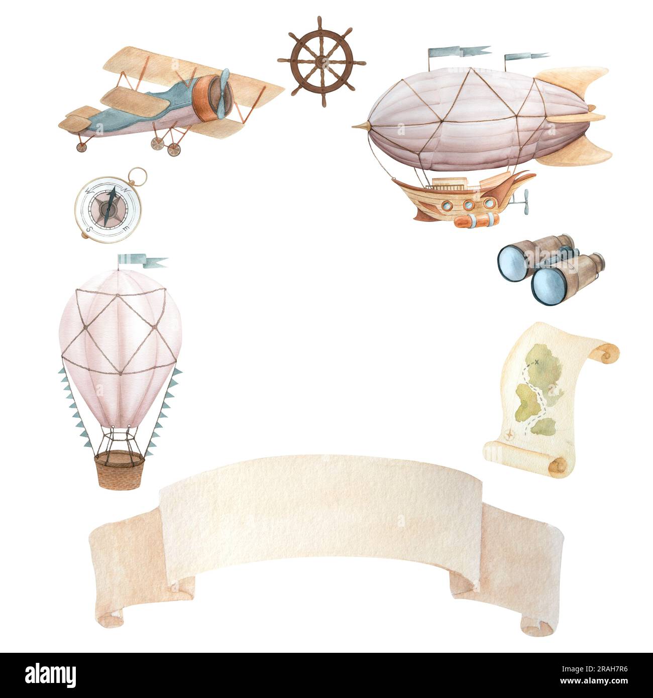 Watercolor illustration of wreath with flying vehicles and travel