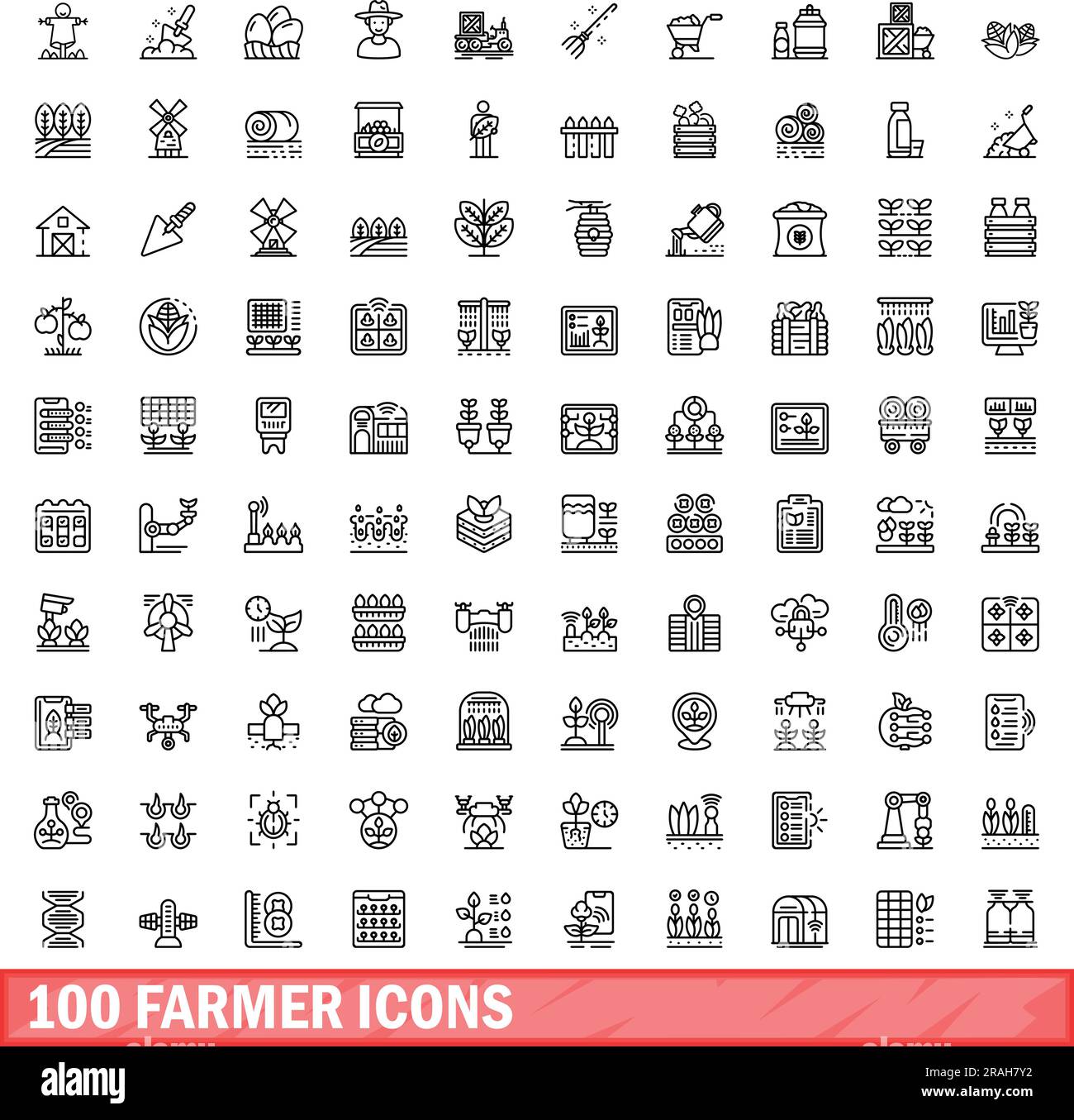 100 farmer icons set. Outline illustration of 100 farmer icons vector set isolated on white background Stock Vector