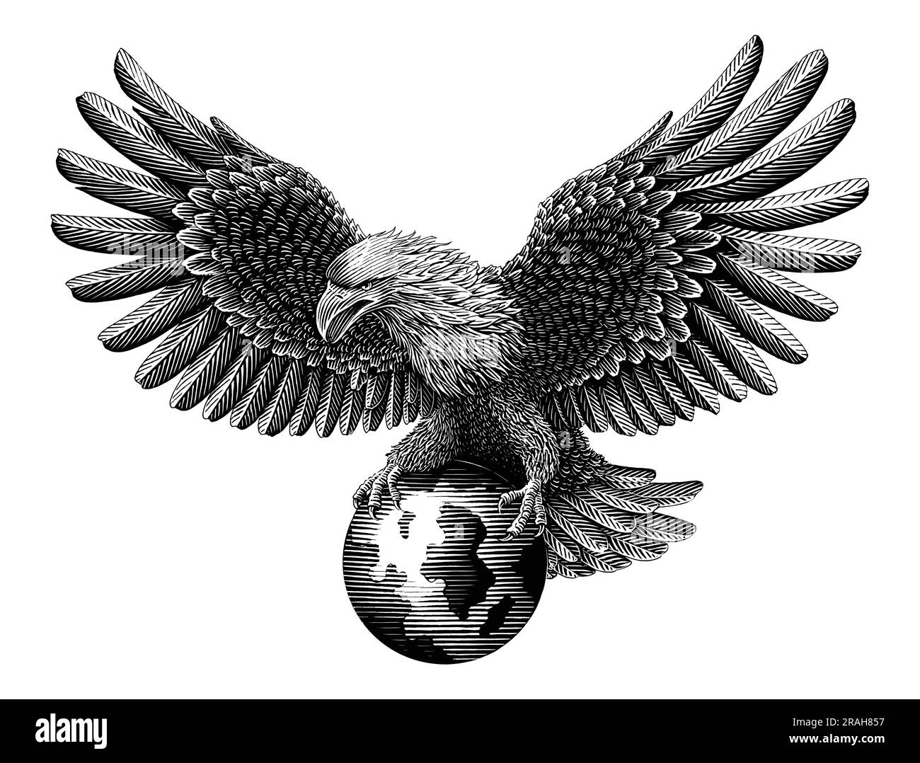 The eagle stepped on the globe hand draw vintage engraving style black and white clip art Stock Vector