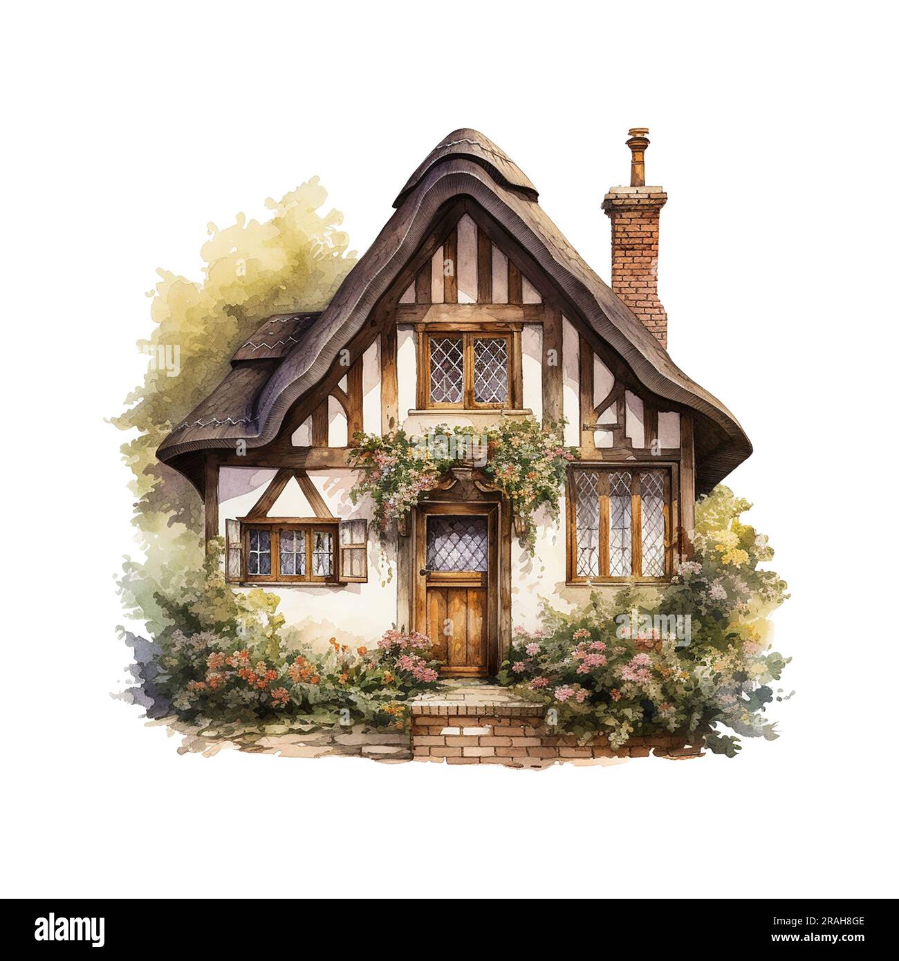 Hand drawn illustration of traditional English village house isolated on white background. Watercolor cozy house with thatched roof, plants and sky. Stock Photo