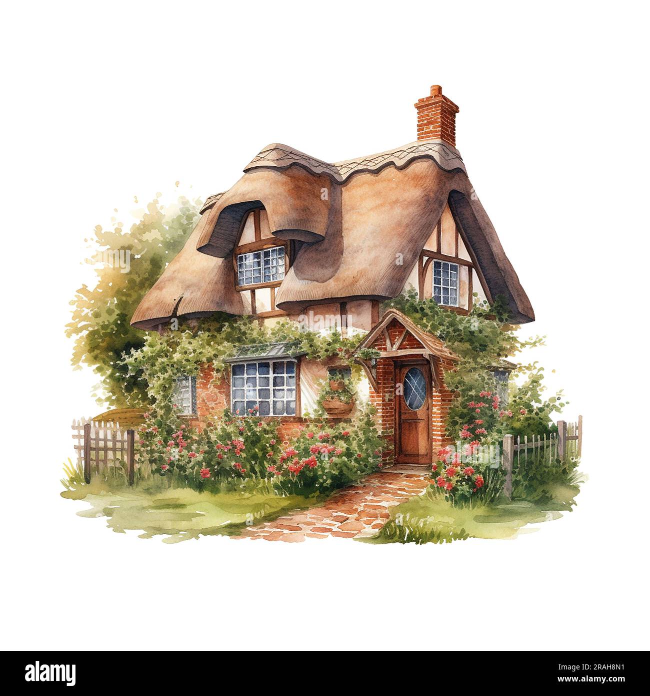 Hand drawn illustration of traditional English village house isolated on white background. Watercolor cozy house with thatched roof, plants and sky. Stock Photo