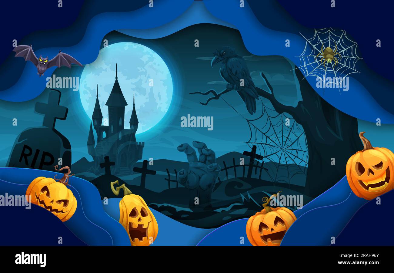 Halloween paper cut midnight castle and cemetery landscape. Vector