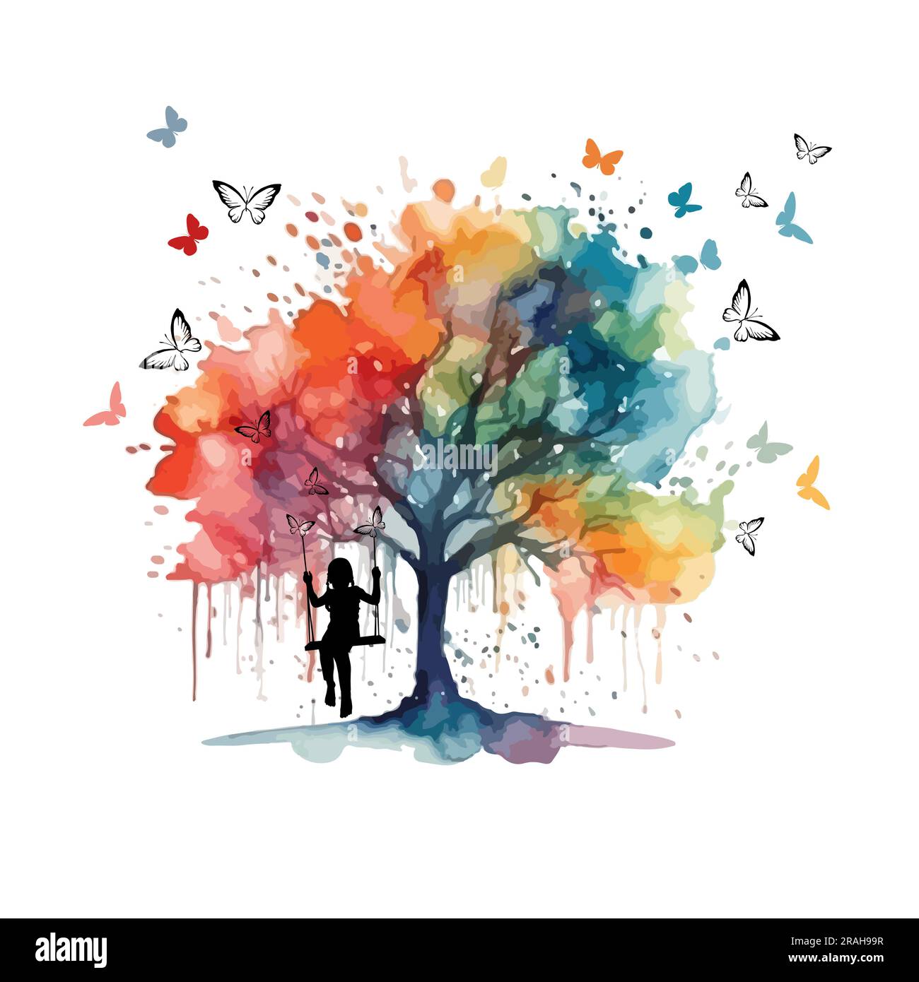 The girl swings on a swing on a rainbow tree. Dreams. Happy childhood