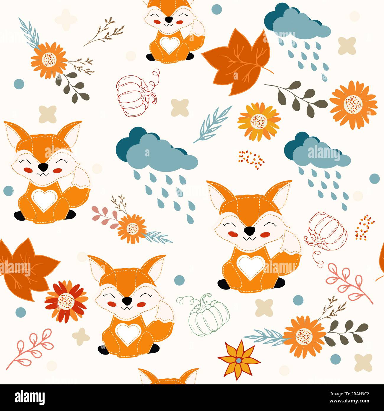 Bright seamless autumn pattern with autumn elements fox, pumpkin, flowers and decor. For printing on fabric, wrapping material, paper, for background Stock Vector