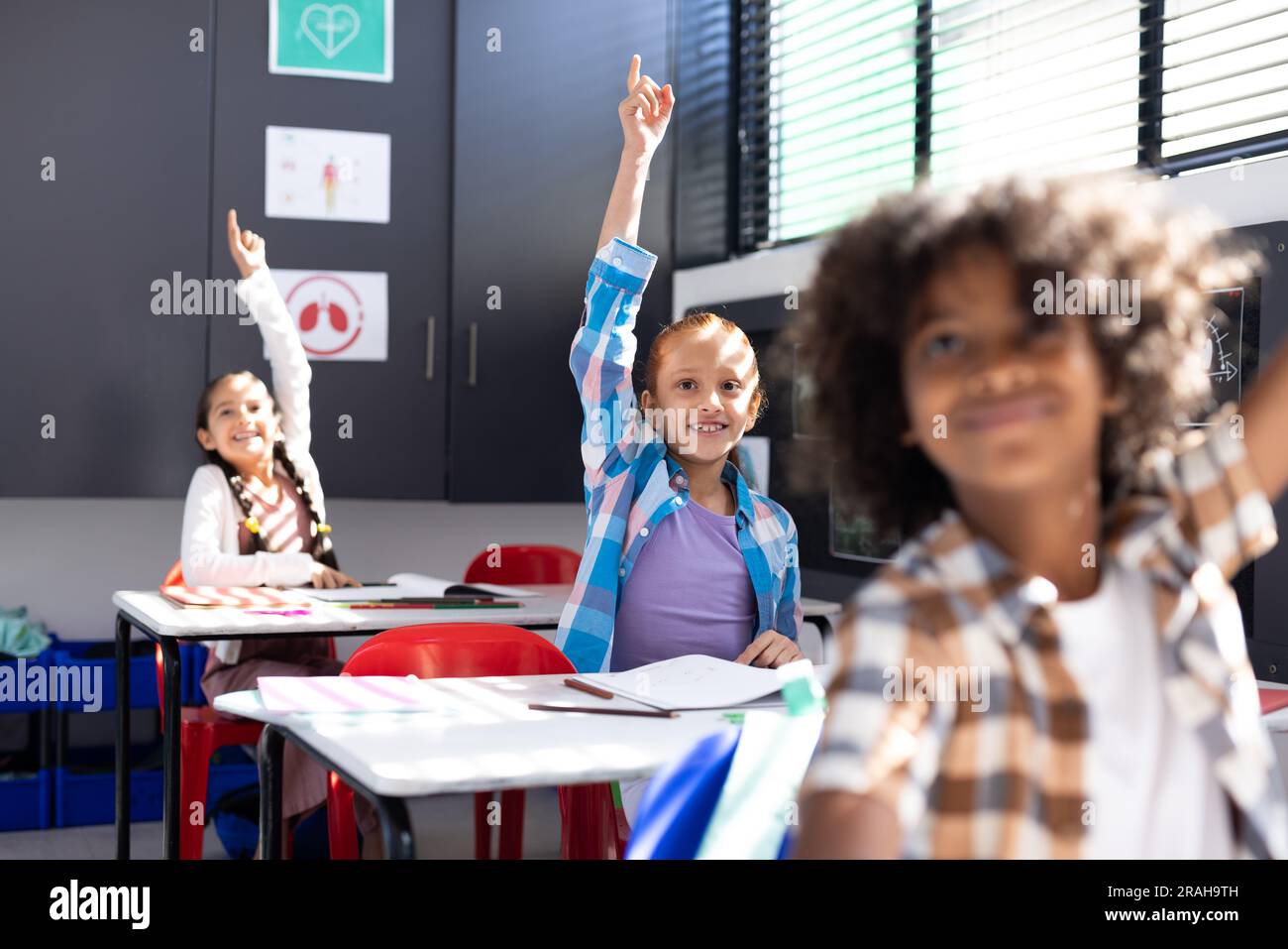 Diverse, happy children sitting at desks raising hands in elementary ...