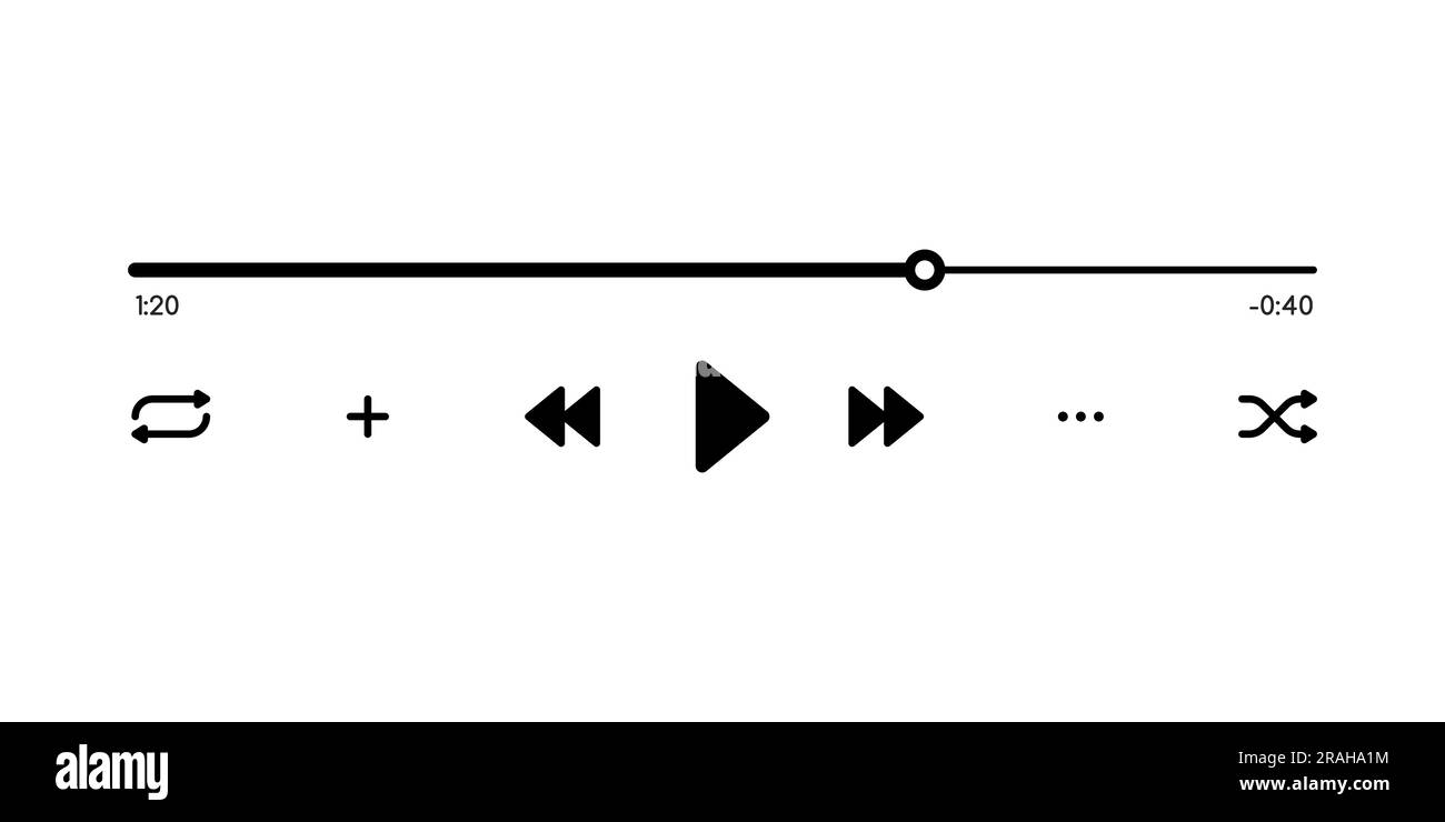 Music or video player interface vector template of media app ui. Digital player monochrome progress bar for music, video, radio, podcast or online streaming with media control and navigation buttons Stock Vector